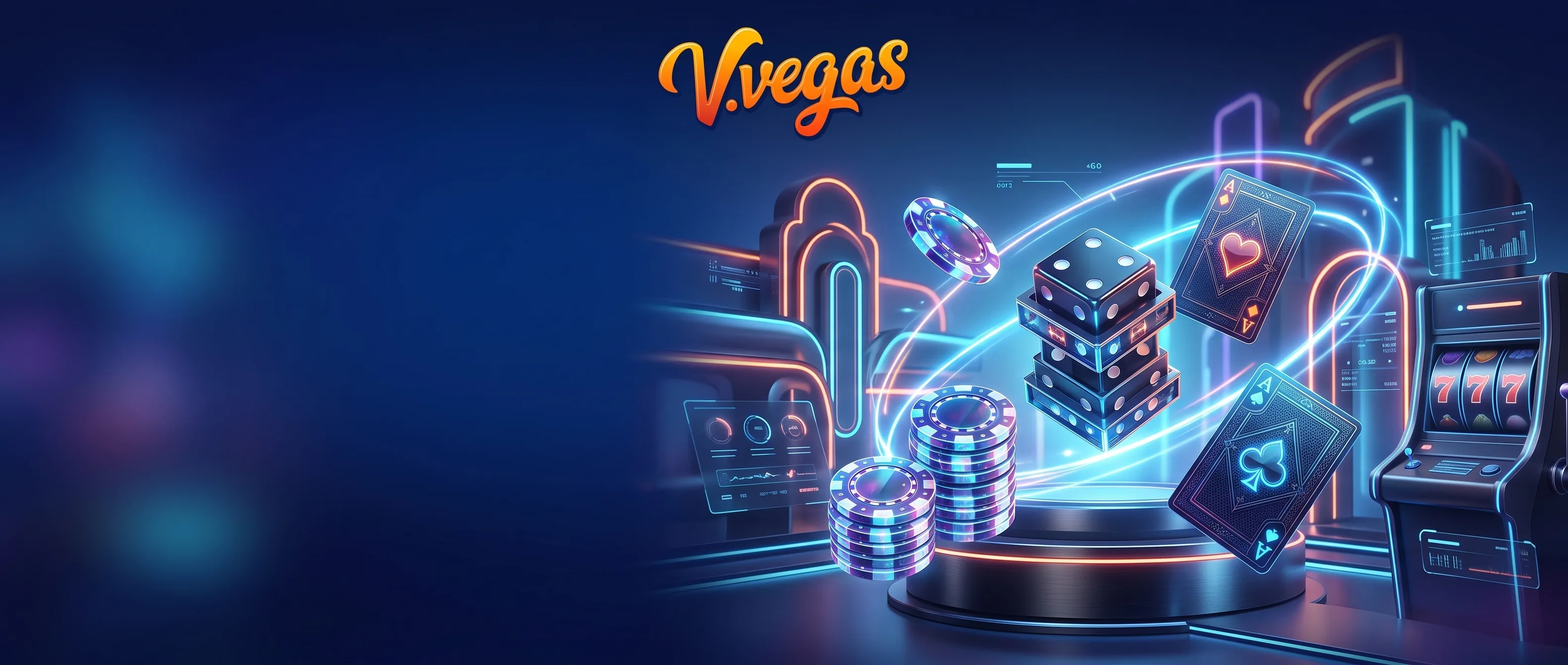 V.Vegas Casino-Kulisse mit Spielkarten, Würfeln und Jetons